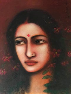 Radha, huile sur toile, rouge, jaune. Green de l'artiste moderne Suhas Roy, en stock