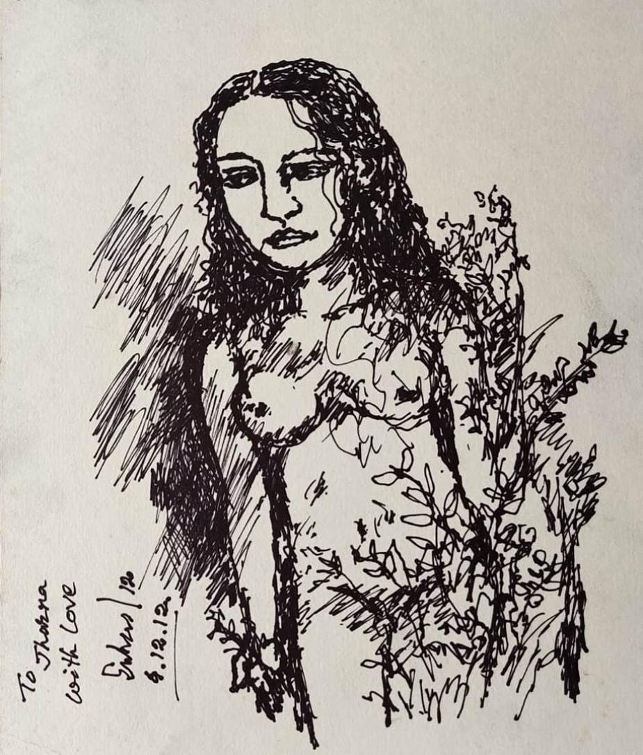 Suhas Roy - To Jarna with Love
Marker on Paper , 11 x 9.6 inches , 2012
( Unframed & Delivered )

Suhas Roy 's mystic woman which he calls 'Radha', either Oil on canvas or soft colored pastel on Paper or board are a series of work where he sees an