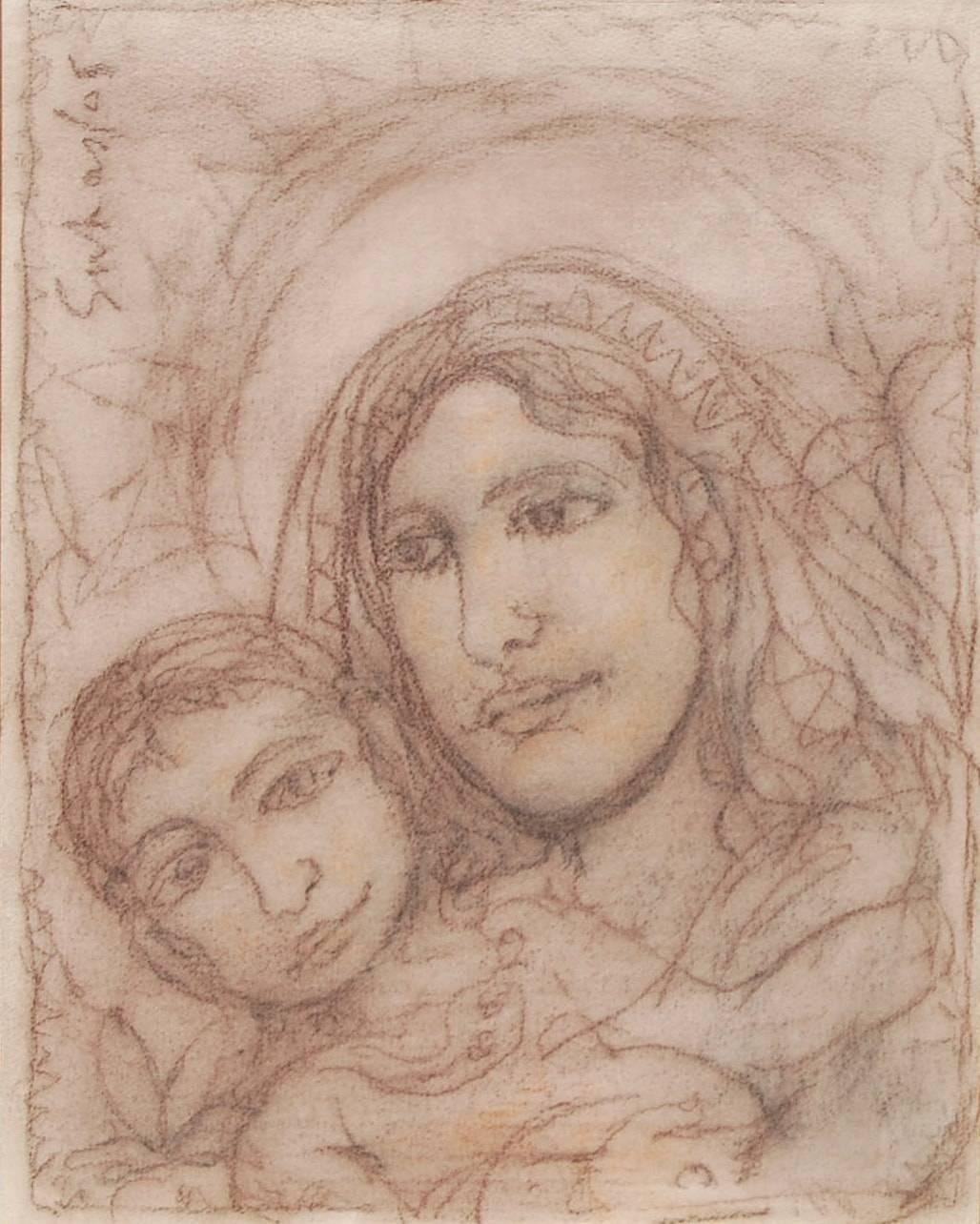 Mère Vierge, Marie et Jésus, Art moderne, techniques mixtes, artiste indien « en stock » en vente 1