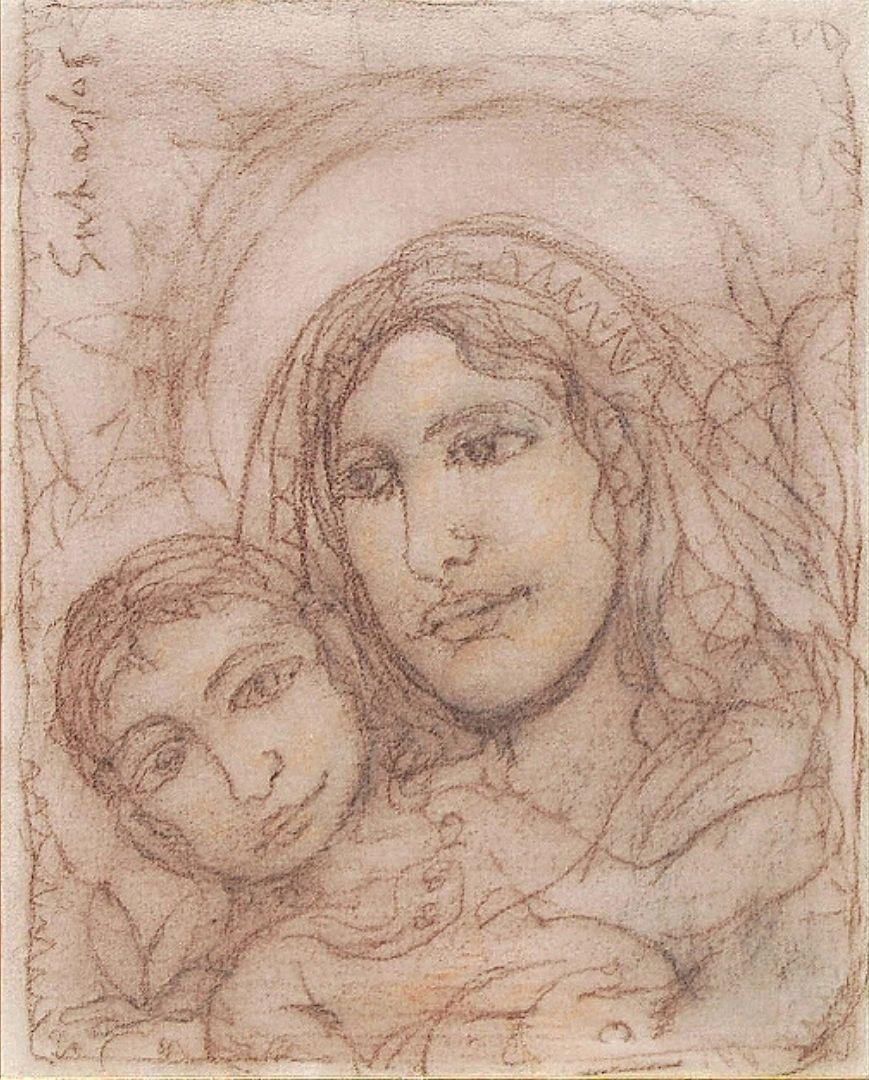 Mère Vierge, Marie et Jésus, Art moderne, techniques mixtes, artiste indien « en stock » - Mixed Media Art de Suhas Roy