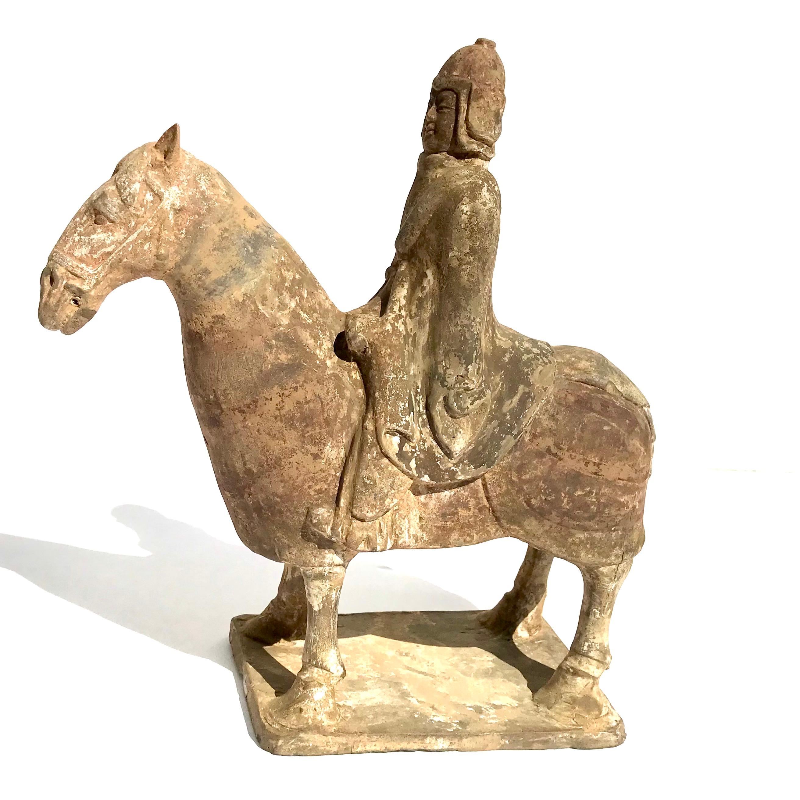 Chinese Sui or Tang Dynasty Painted Pottery Armored Horse And Rider For Sale