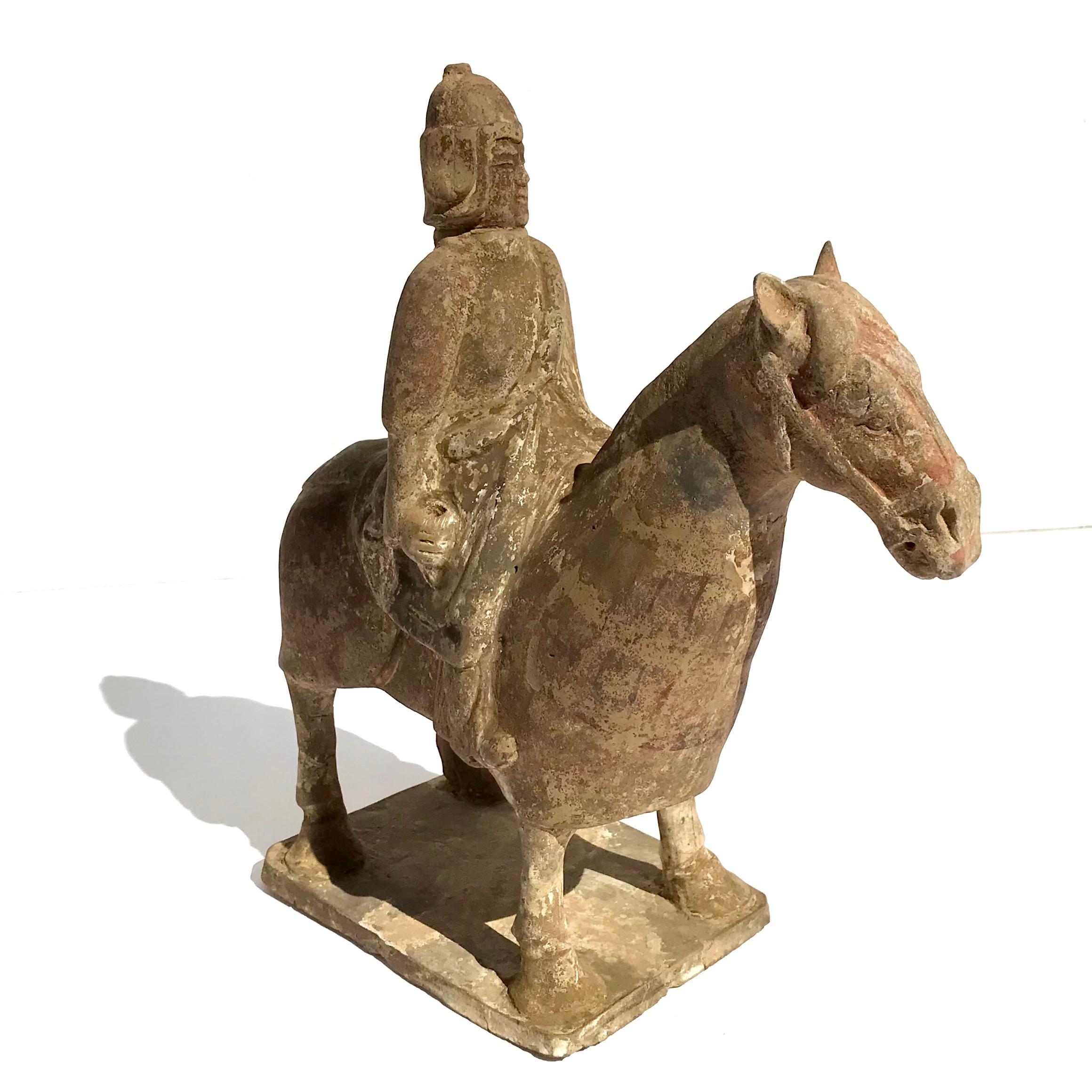 Sui or Tang Dynasty Painted Pottery Armored Horse And Rider In Good Condition For Sale In Dallas, TX