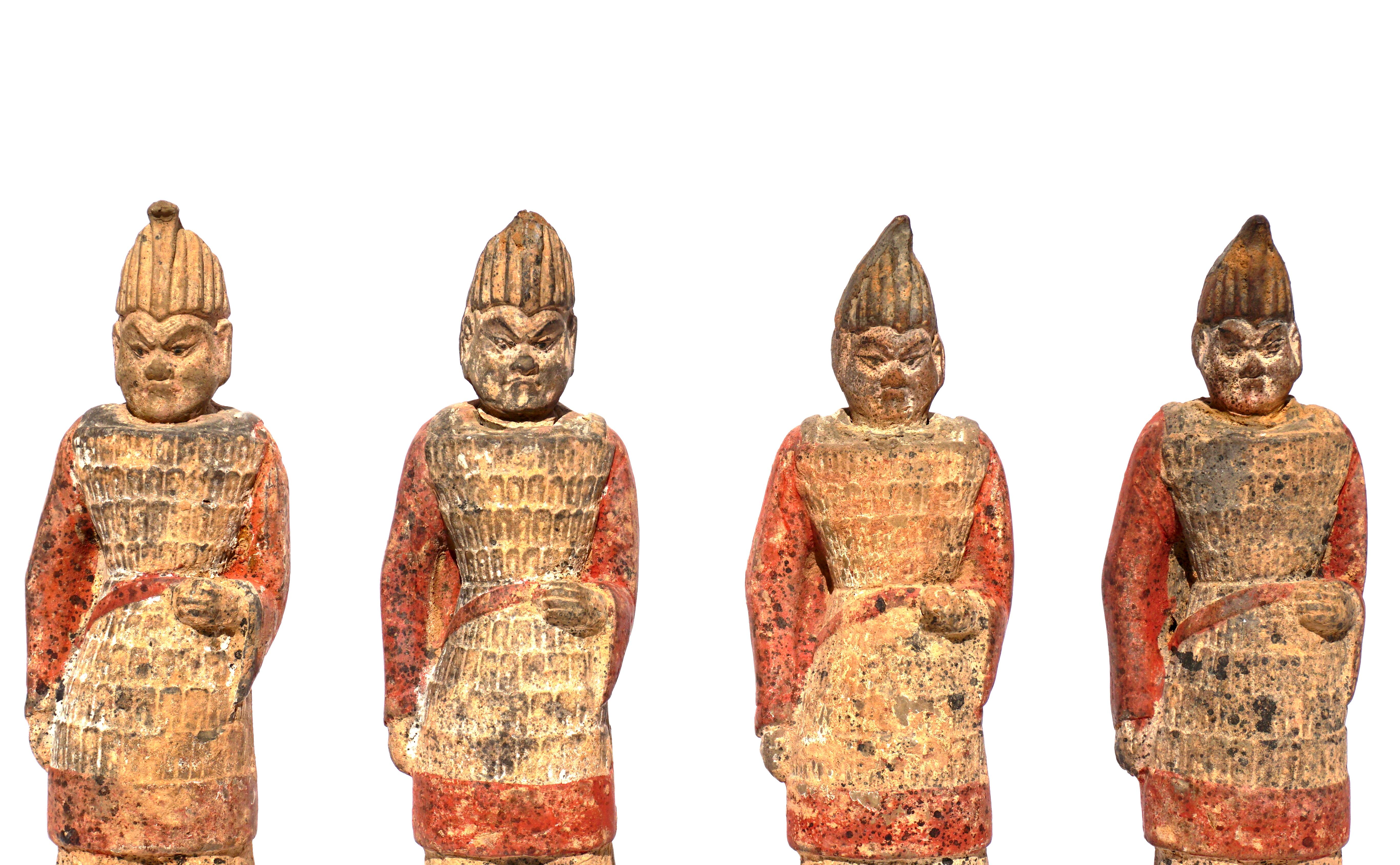 Sui Dynasty Military Guard Attendant (Set of four)

Terracotta earthenware with applied polychrome paint. These tomb guards are wearing intricate military attire with chain mail vests and originally had wooden spears or swords.

Measures: Height 9