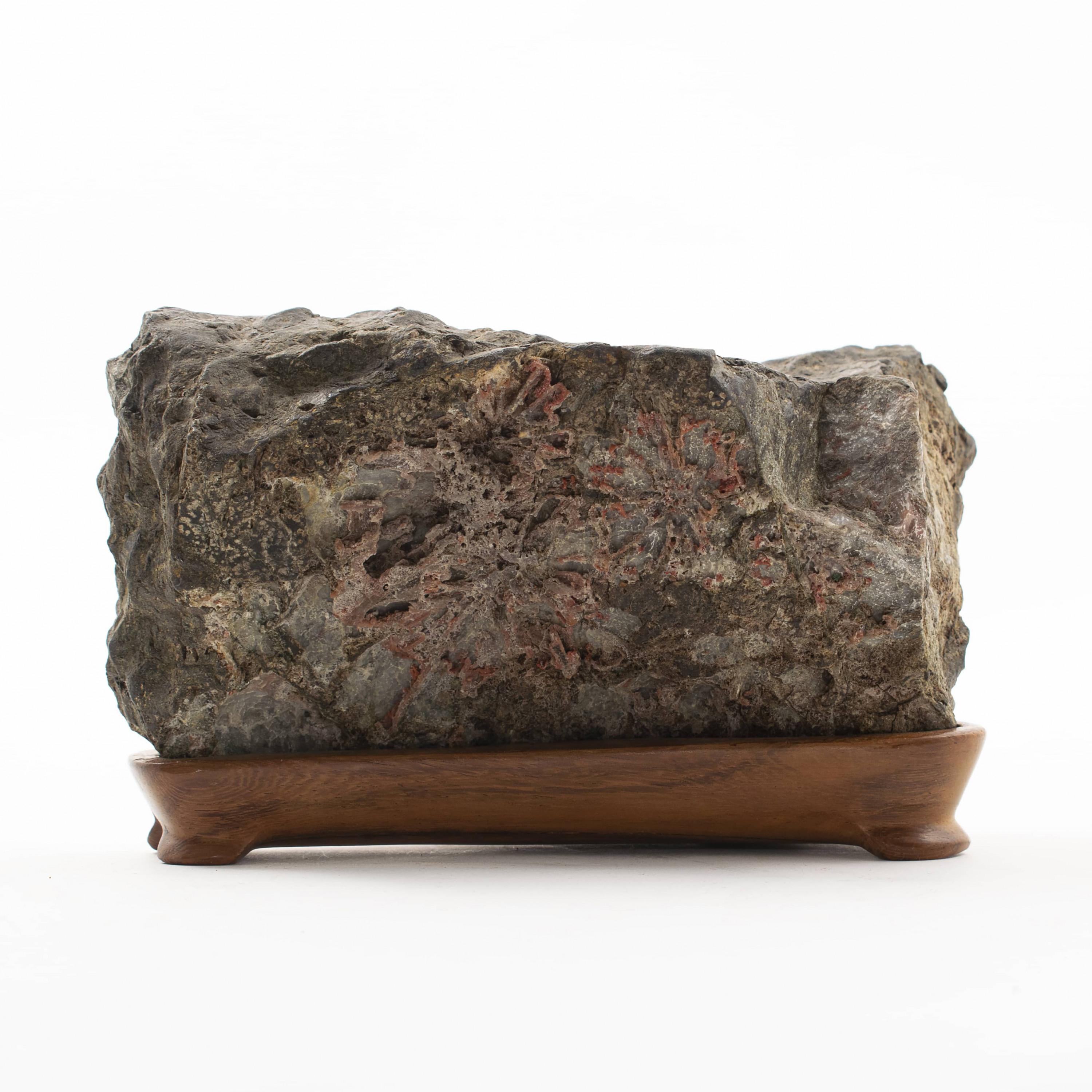 Suiseki rock-stone on a hardwood base.
The stone has an exciting expression of flowers.
Suiseki in Japanese, Scholer's Rock in Chinese and Suseok in Korean.

Asian Zen tradition to appreciate the sculptures in nature, related to Buddhism.