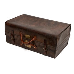 Suitcase Steamer Leather Original Interior Blue & White Ticking Leather 22" long