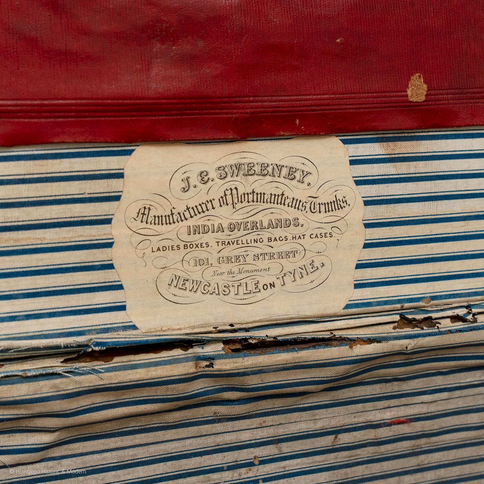 Victorian Suitcase Steamer Leather Original Interior Blue & White Ticking Leather 22
