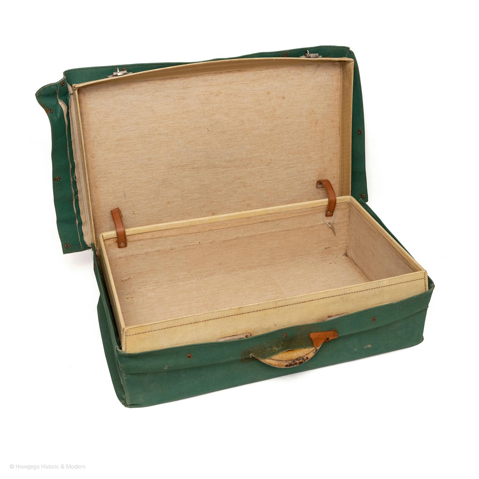 Art Deco Suitcase Vellum Original Green Cover Nickel Fittings Locks Key x Long For Sale