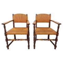 Suite de 2 fauteuils brutalistes Charles Dudouyt vintage en bois et paille