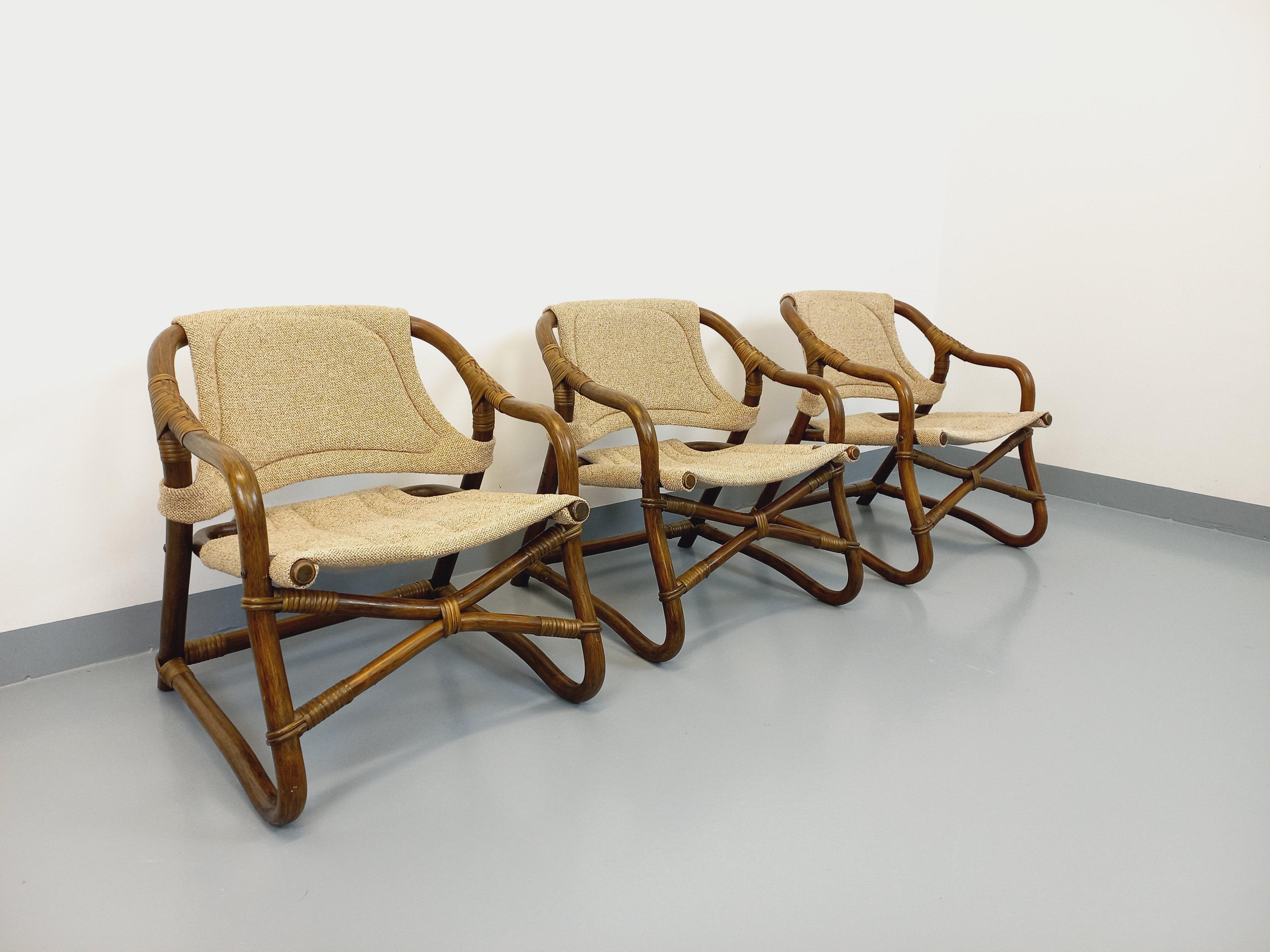Suite de 3 fauteuils danois vintage esprit safari de Horsnæs Møbelfabrik rotin im Angebot 2