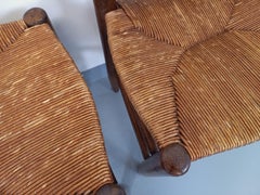 Suite de 4 chaises brutalistes vintage en bois et paille des années 60