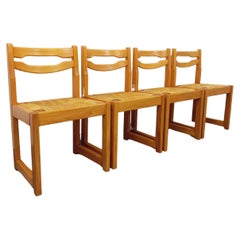 Suite de 4 chaises traîneau vintage Maison Regain années 70 80 en orme et paille