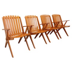 Suite de 4 fauteuils de jardin vintage en bois de hêtre des années 60