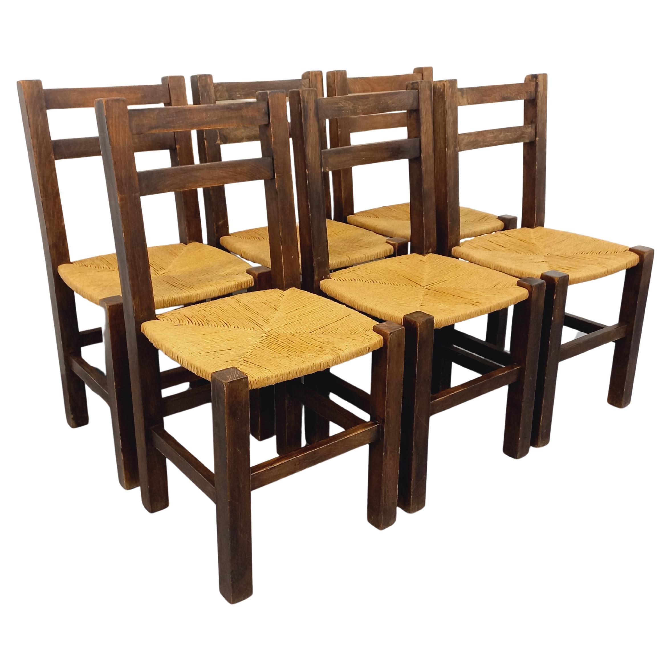 Suite aus 6 brutalistischen Vintage-Chaisen aus Massivholz und Paille