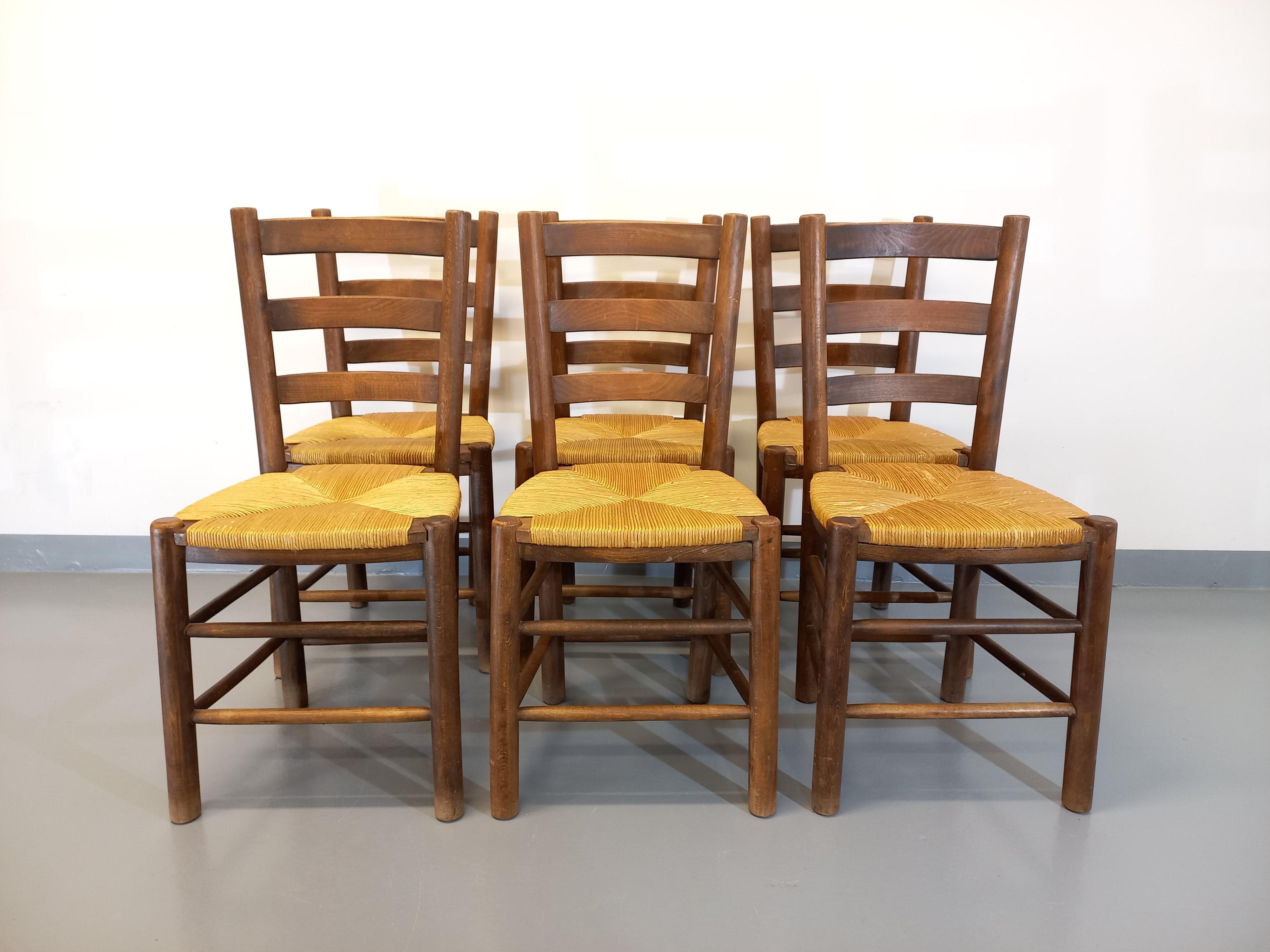 Lot De 6 Chaises En Bois Et Paille - Style Campagne - Occasion En Bon état - Dimensions 88x46x42 Cm
