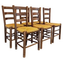 Suite von 6 brutalistischen Vintage-Liegen aus Holz und Paille aus den 60er Jahren