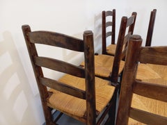 Suite de 6 Chaises brutalistes Vintage Georges Robert en bois et paille, Georges Robert en bois et paille
