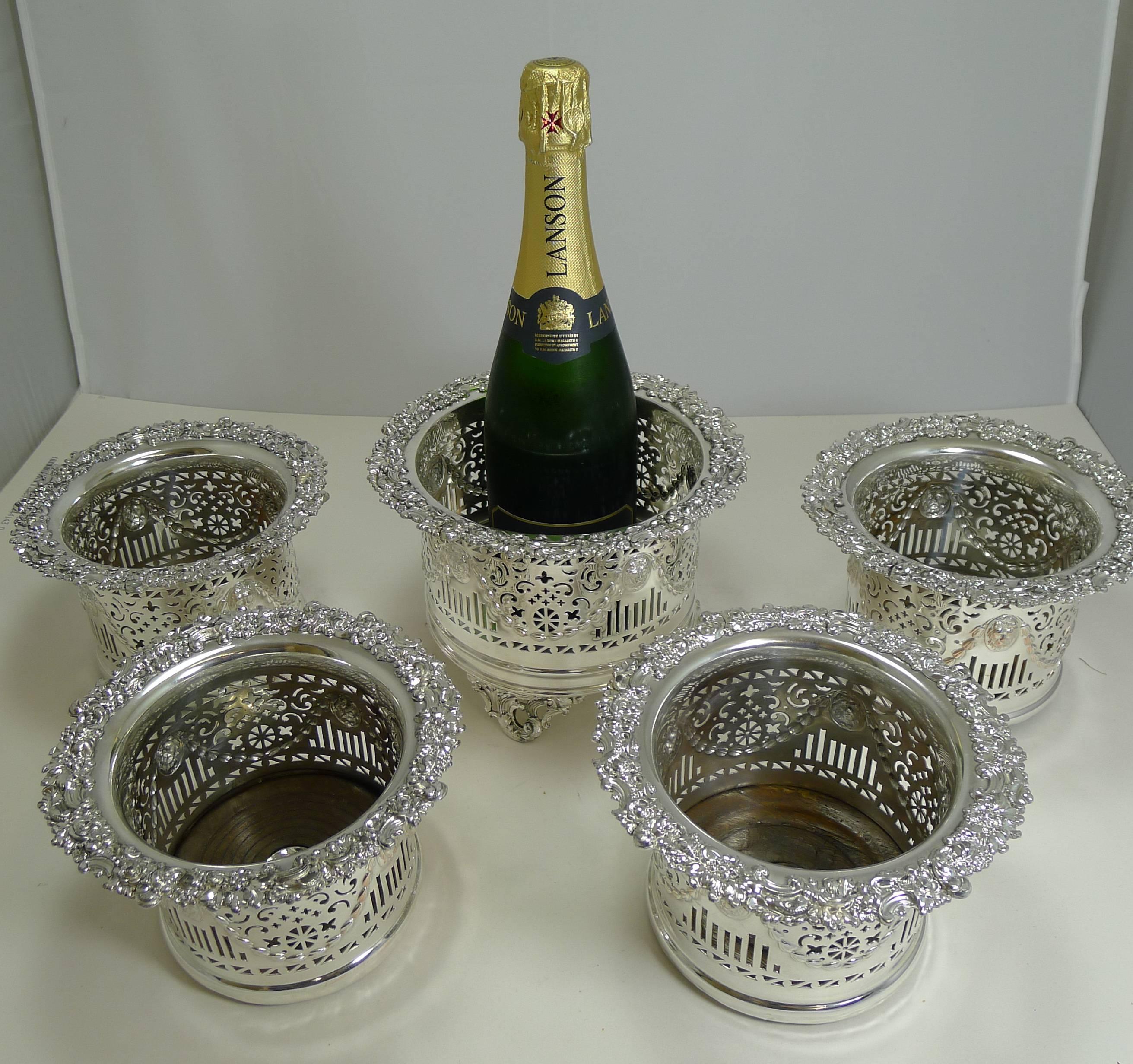 Suite Five Antique English Silver Plated Wine / Champagne Coasters or Holders C 4