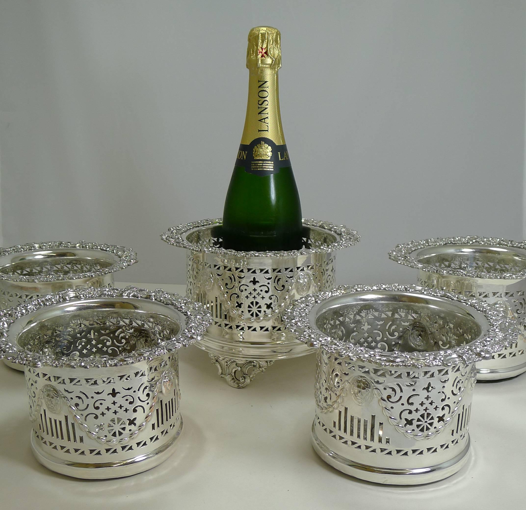Suite Five Antique English Silver Plated Wine / Champagne Coasters or Holders C 3