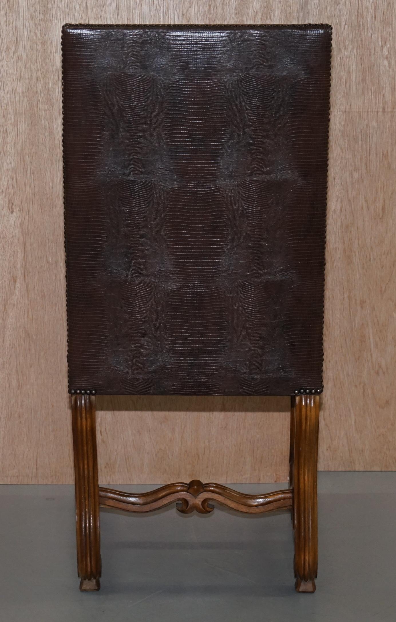 Suite of 10 Carolean Dining Chairs with Crocodile Alligator Patina Leather Ten For Sale 3