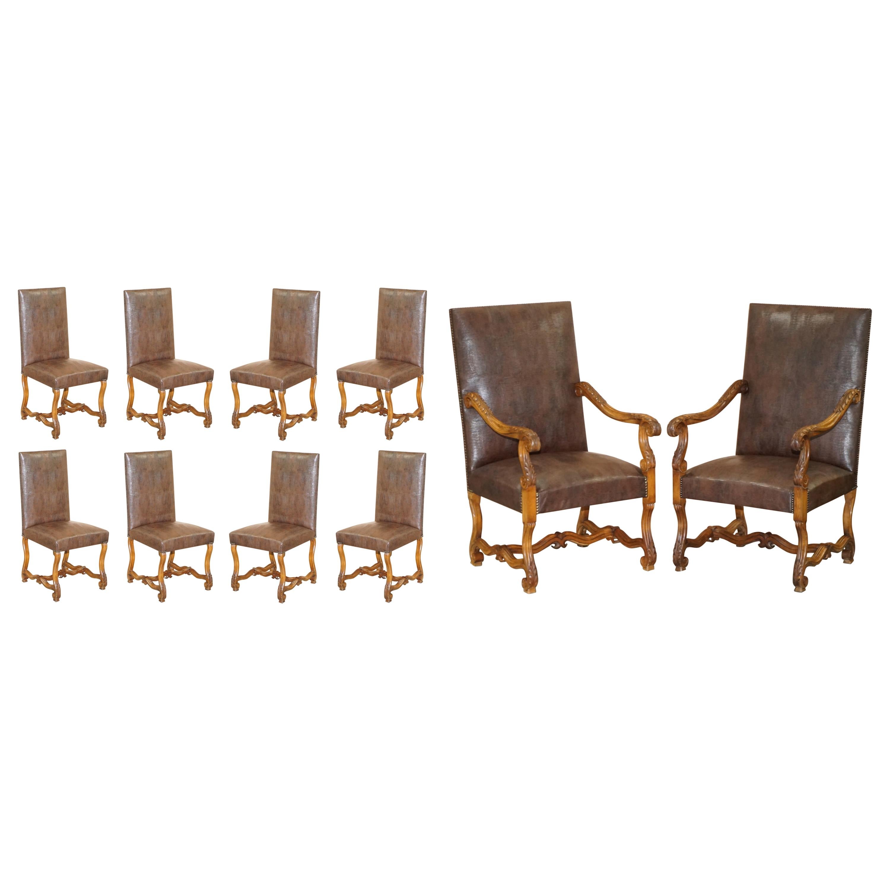 Suite of 10 Carolean Dining Chairs with Crocodile Alligator Patina Leather Ten For Sale