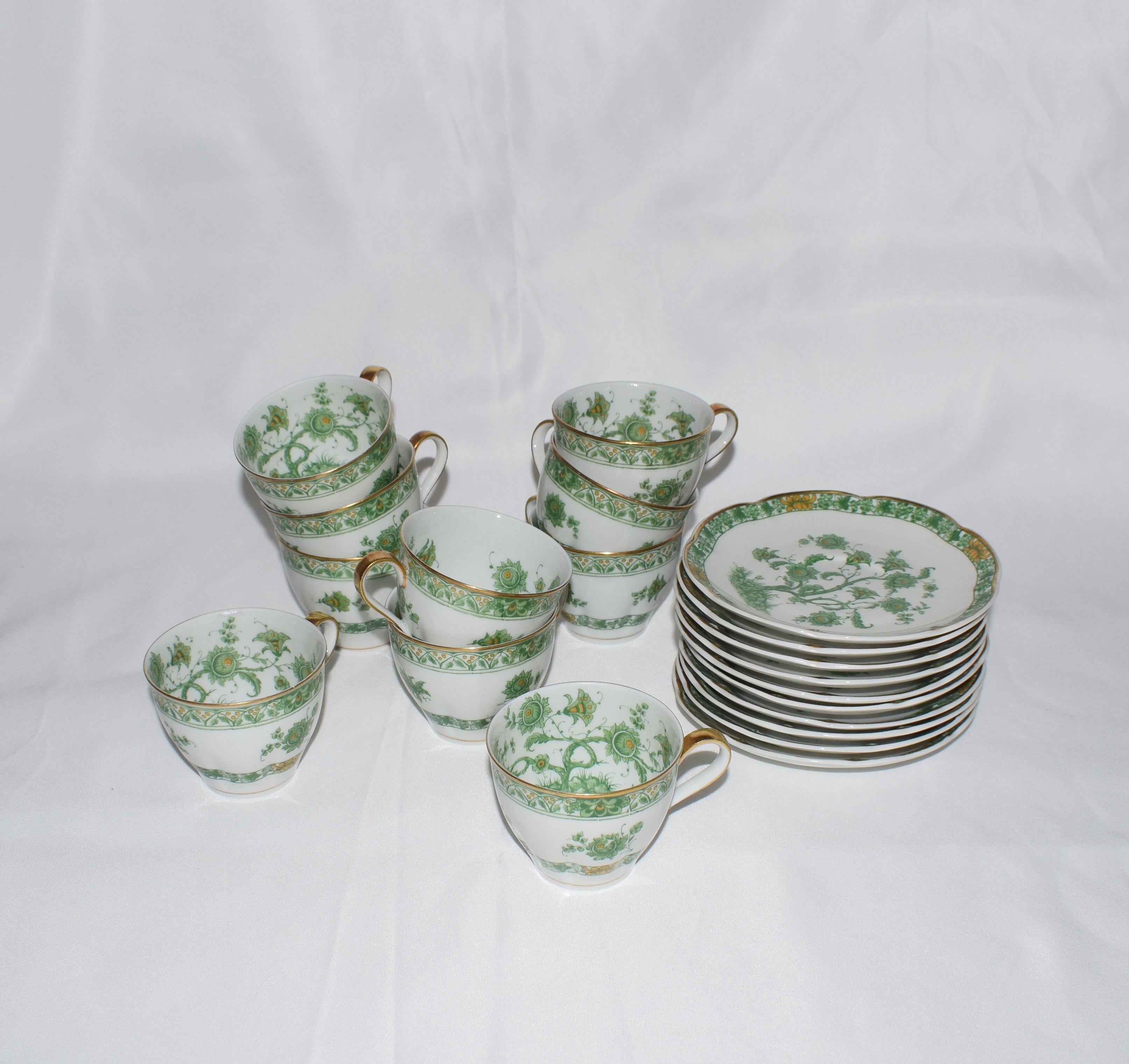 A suite of ten French porcelain teacup and saucer set created by the famous Haviland company of Limoges. Haviland was established when in 1840 a New Yorker called David Haviland, made a trip to France to establish an alliance with a manufacturer. He