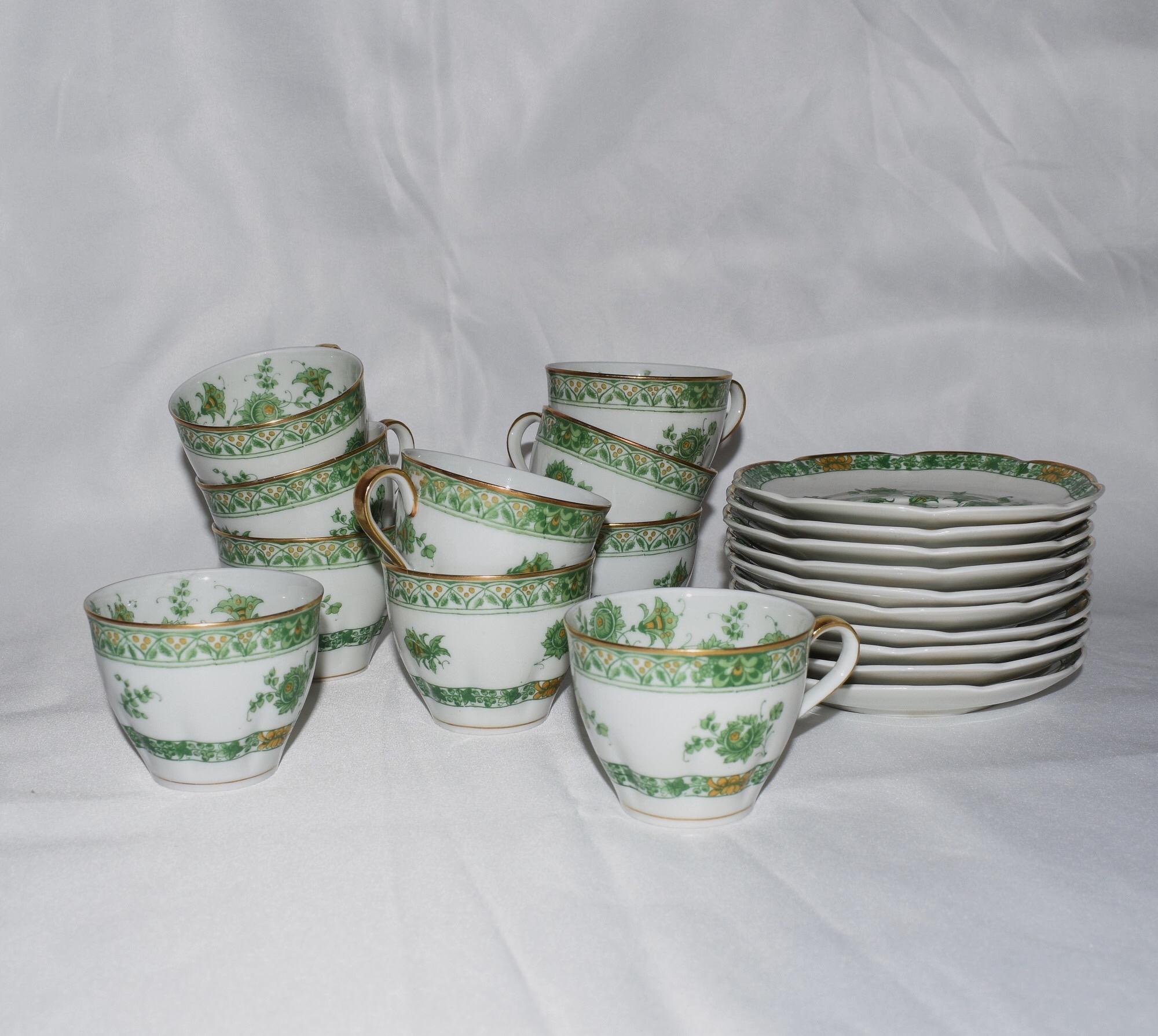 French Suite of 10 Havilland Limoges Porcelain Cashmere Green Cup and Saucer