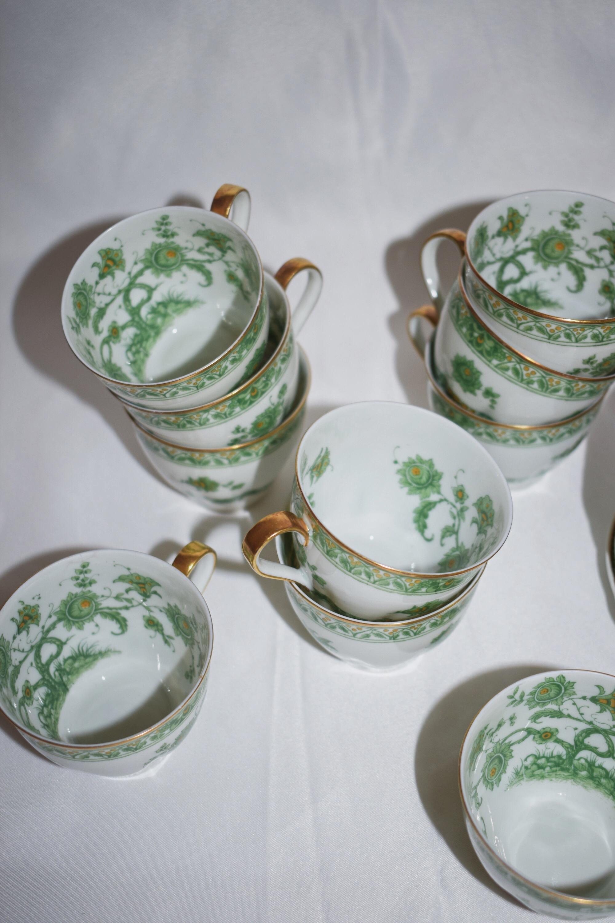 Ceramic Suite of 10 Havilland Limoges Porcelain Cashmere Green Cup and Saucer