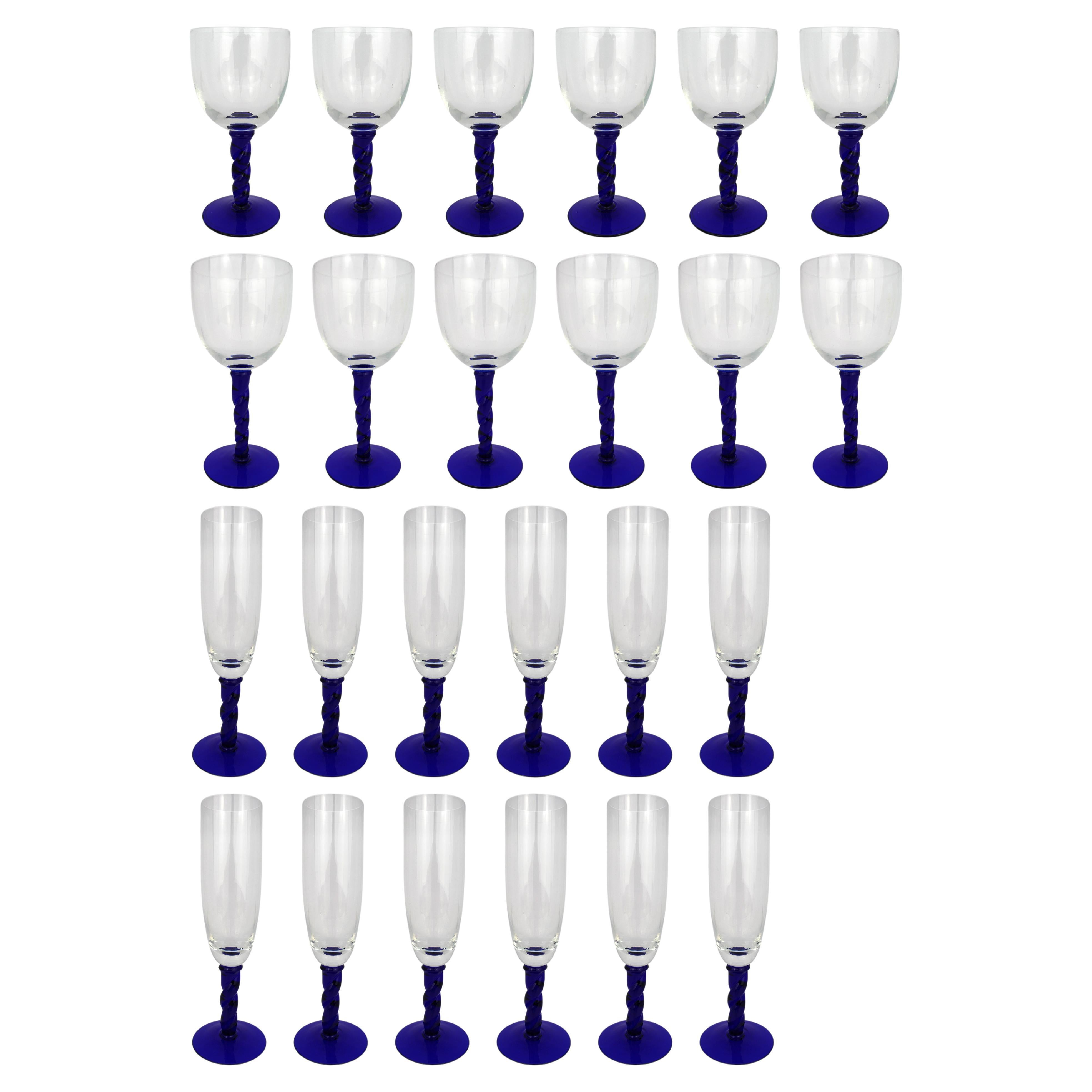 Suite of 24 French Crystal Glasses with Cobalt Blue Twisted Stems