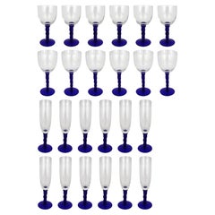 Suite of 24 French Crystal Glasses with Cobalt Blue Twisted Stems