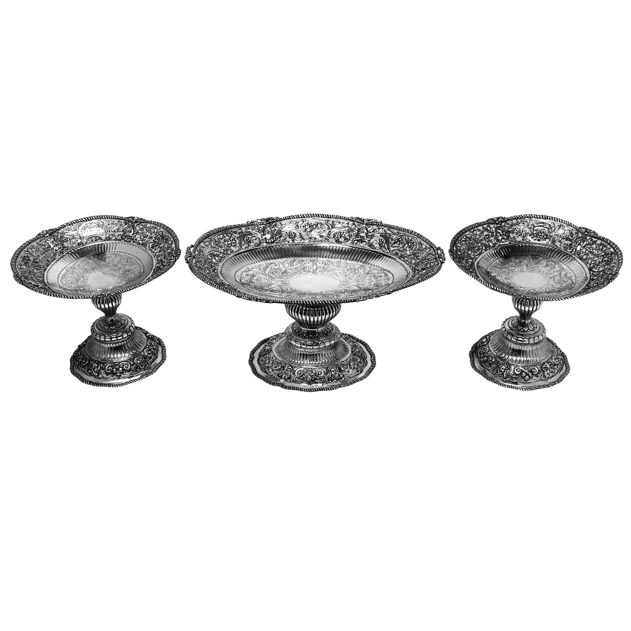 English Suite of 3 Antique Silver Comports Centrepieces London 1887 Set Baskets For Sale