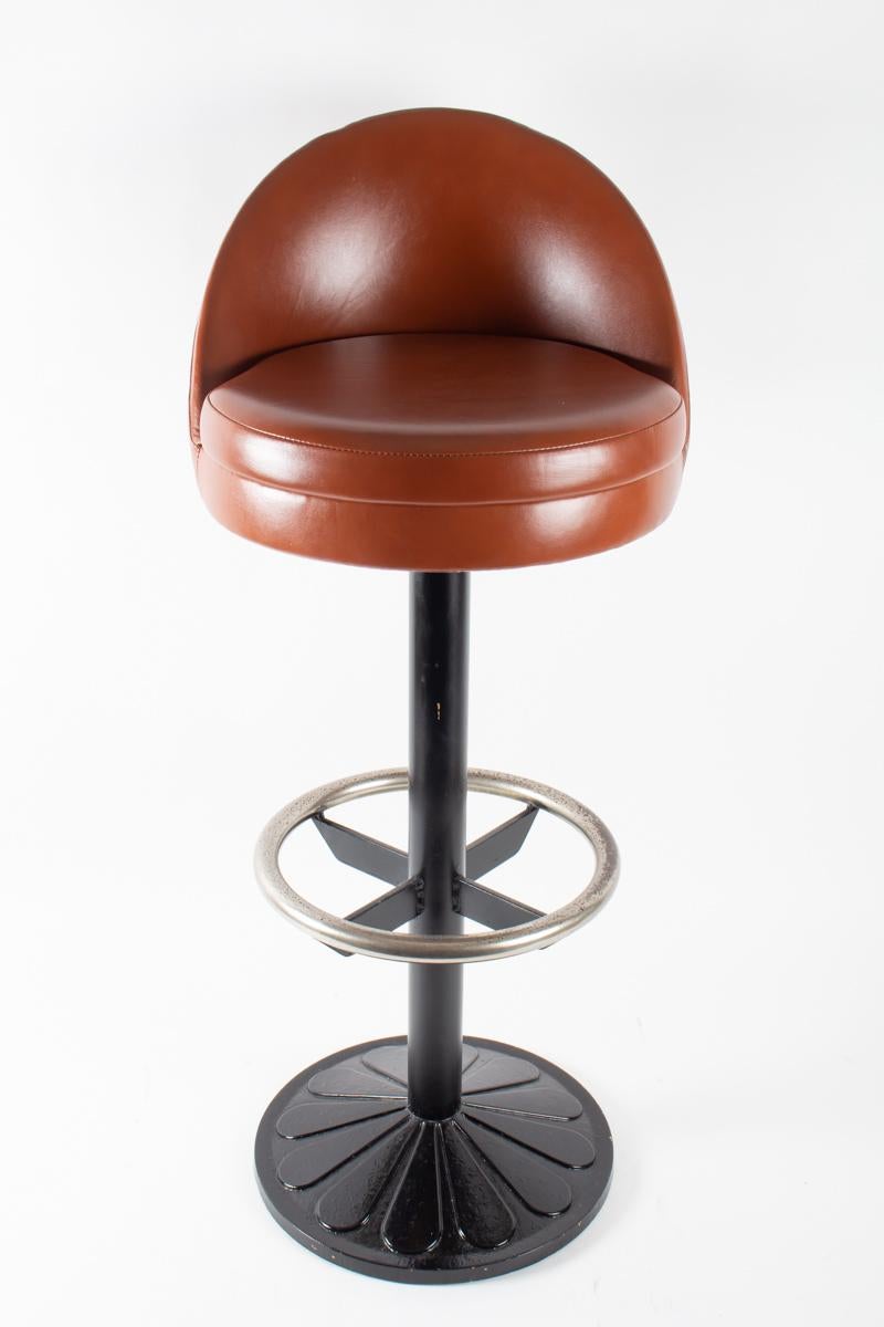 French Suite of 3-Bar Stools in Steel and Leather, 1920, Cast Iron and Steel