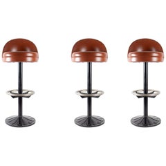 Antique Suite of 3-Bar Stools in Steel and Leather, 1920, Cast Iron and Steel