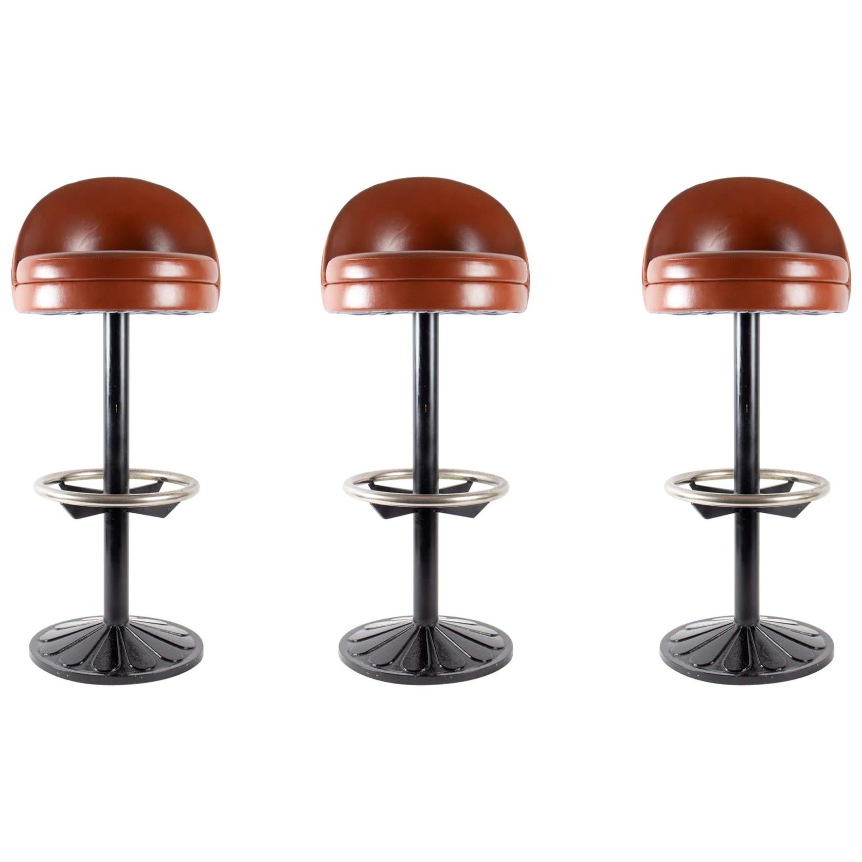 Suite of 3-Bar Stools in Steel and Leather, 1920, Cast Iron and Steel