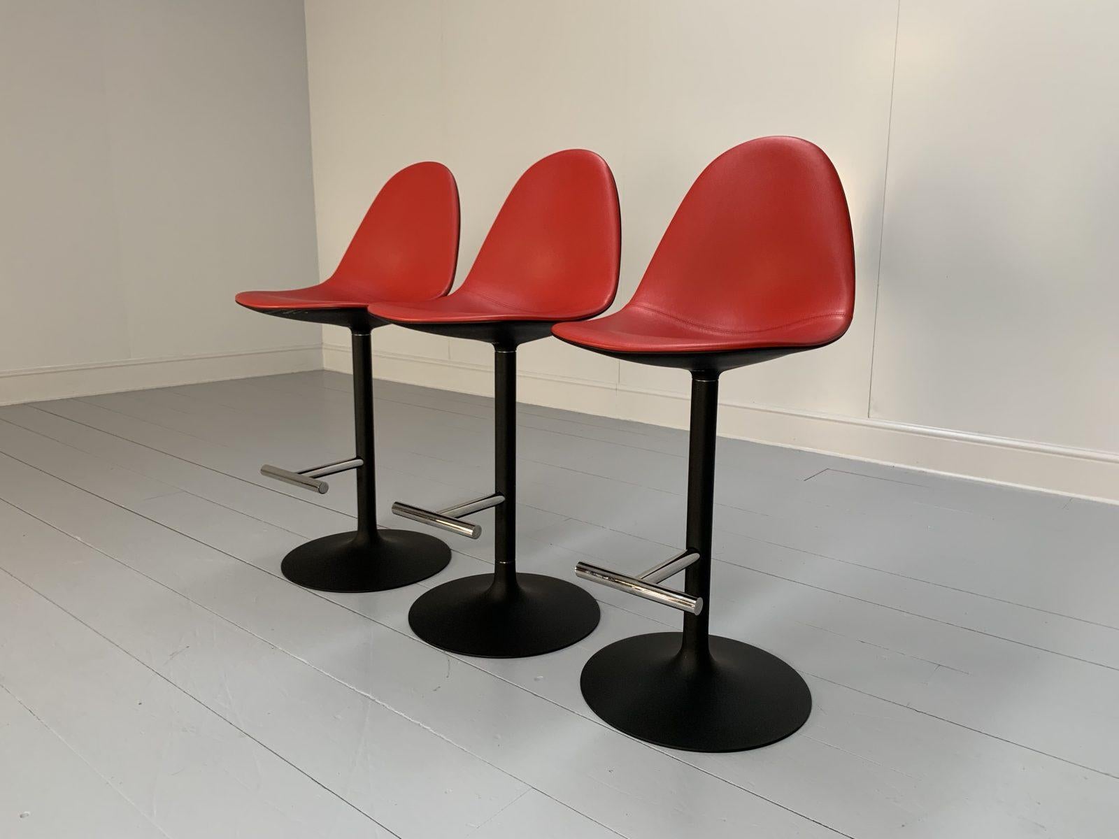 This is an ultra-rare opportunity to acquire what is, unequivocally, the best of the best, it being a most elegant suite of 3 identical Cassina “248 Passion” Bar Stools, dressed in a beautiful, high-grade “Pelle” leather in Red.
 
In a world of