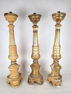 Suite Of 3 Large Candlesticks In Golden Wood, Early 19th Century