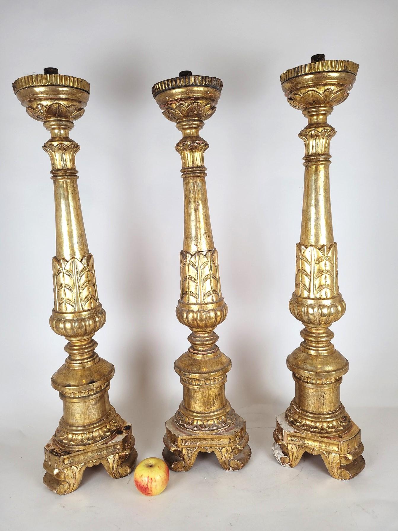 Louis XVI Suite Of 3 Large Candlesticks In Golden Wood, Early 19th Century For Sale