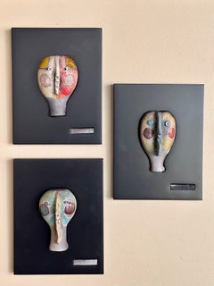 Suite de 3 masques Raku, Roger Capron, Vallauris 1996