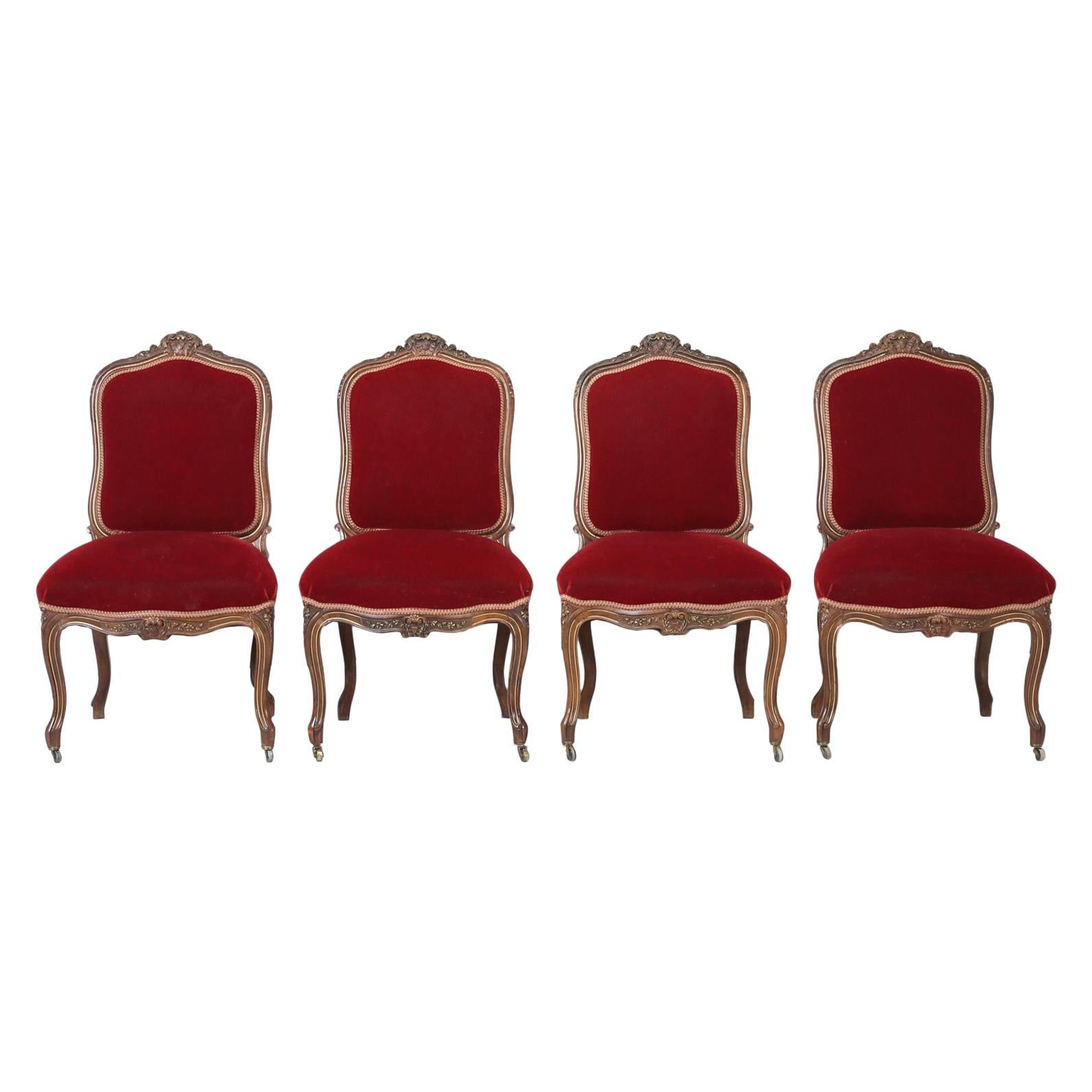 Suite of '4' Antique Italian Carved Walnut Side Chairs from a Parlor Suite
