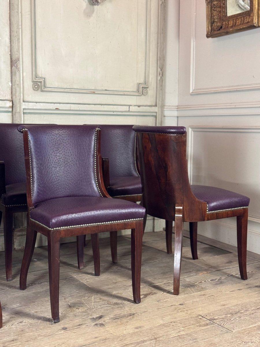 Cuir Suite de 4 chaises et 4 fauteuils Art Déco en bois de rose, vers 1930 en vente