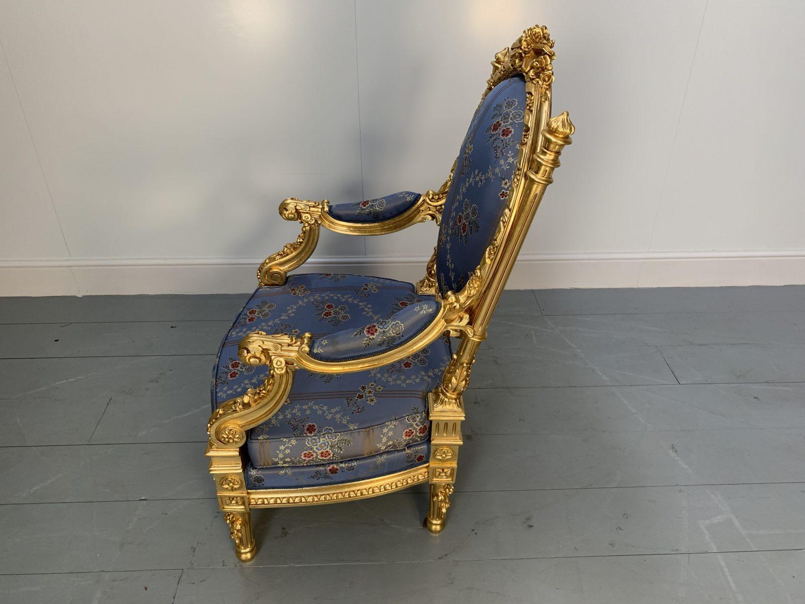 Suite de 4 fauteuils baroques rococo d'Asnaghi en soie florale et dorée en vente 3