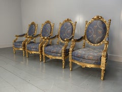 Suite of 4 Asnaghi Fauteuil Baroque Rococo Armchairs in Floral Silk and Gilt