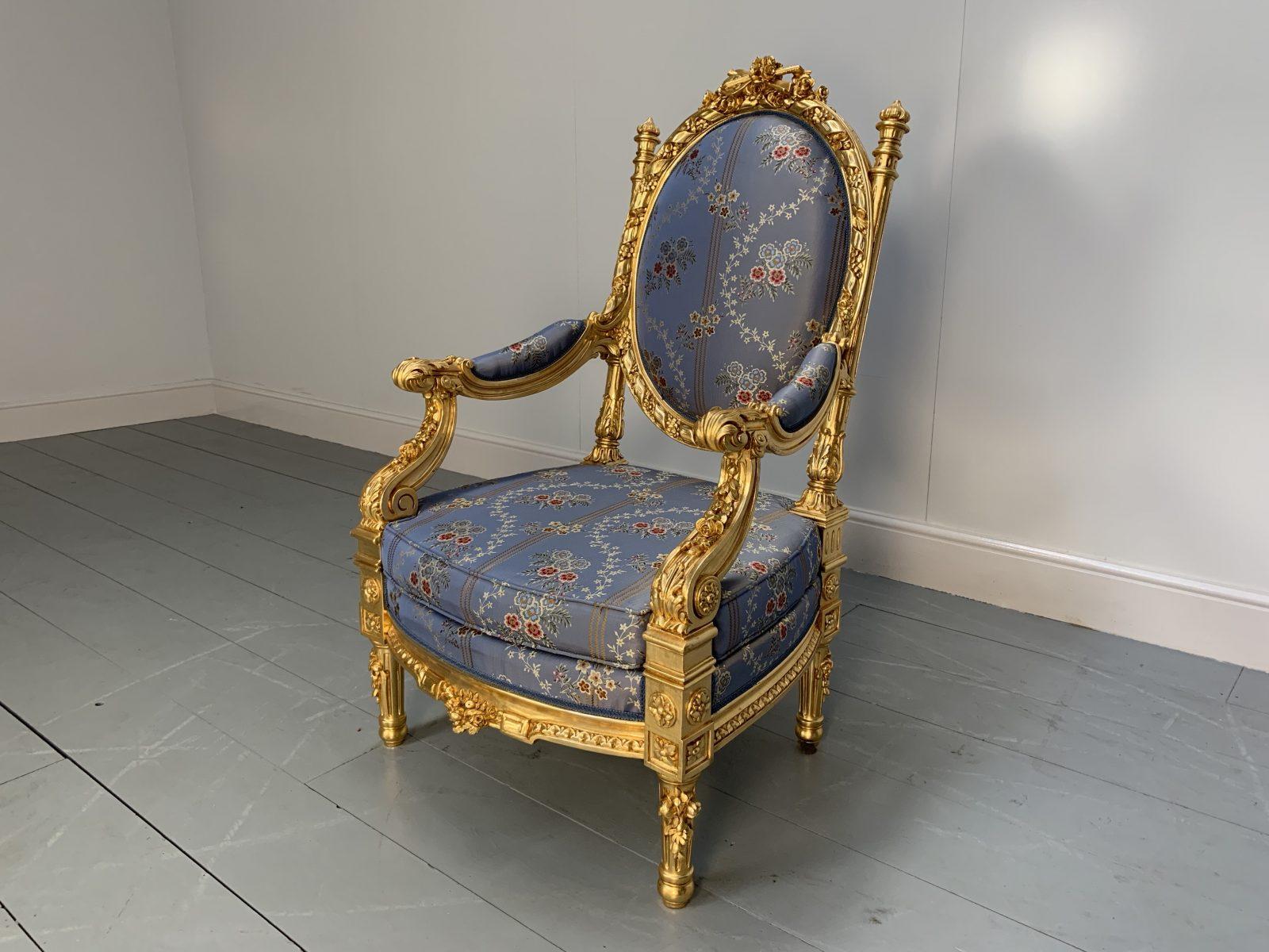 italien Suite de 4 fauteuils baroques rococo d'Asnaghi en soie florale et dorée en vente
