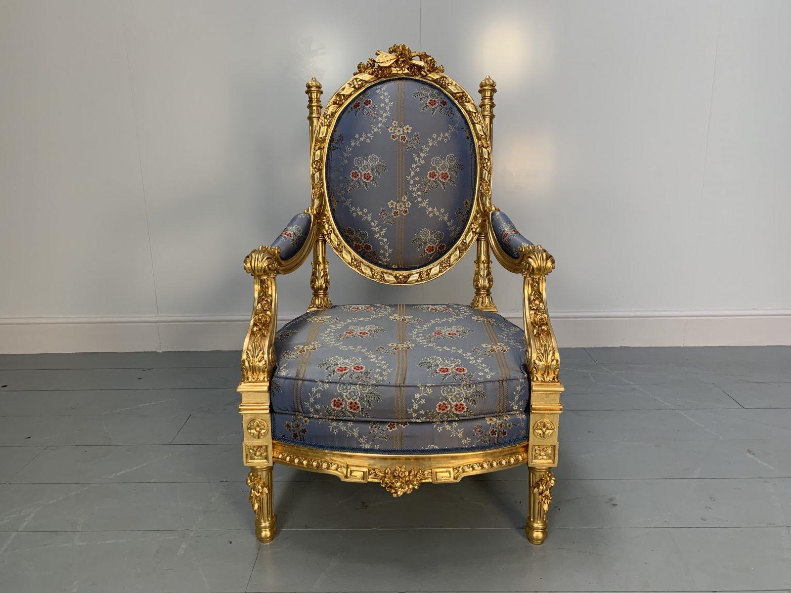 Hand-Crafted Suite of 4 Asnaghi Fauteuil Baroque Rococo Armchairs in Floral Silk and Gilt For Sale