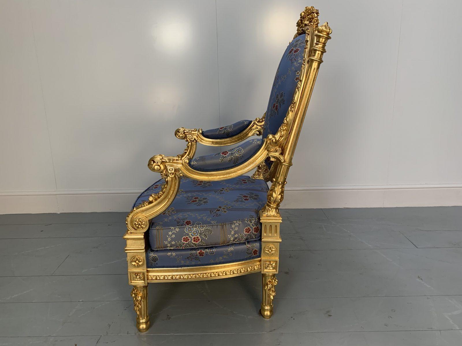 Soie Suite de 4 fauteuils baroques rococo d'Asnaghi en soie florale et dorée en vente