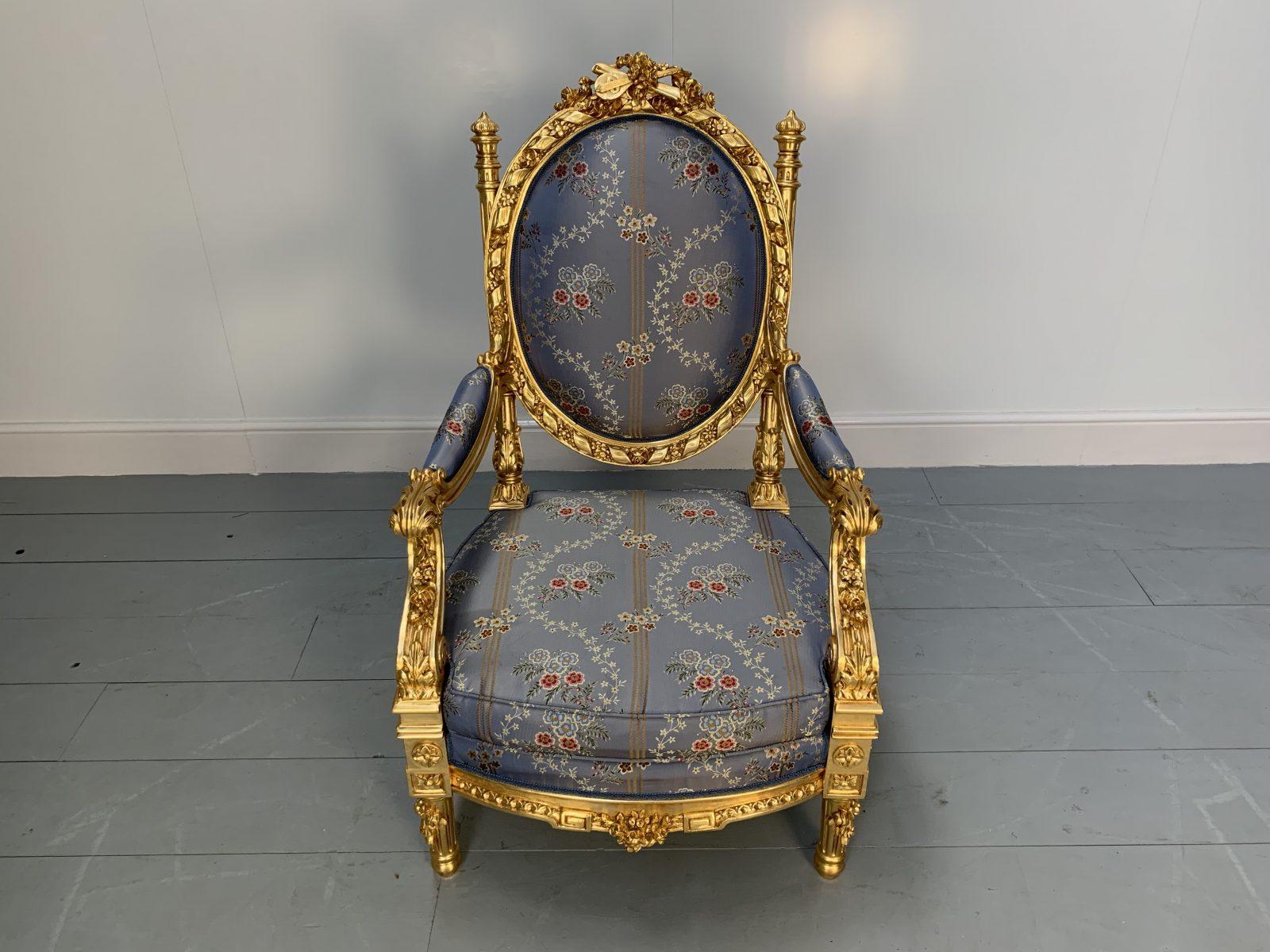 Suite de 4 fauteuils baroques rococo d'Asnaghi en soie florale et dorée en vente 1