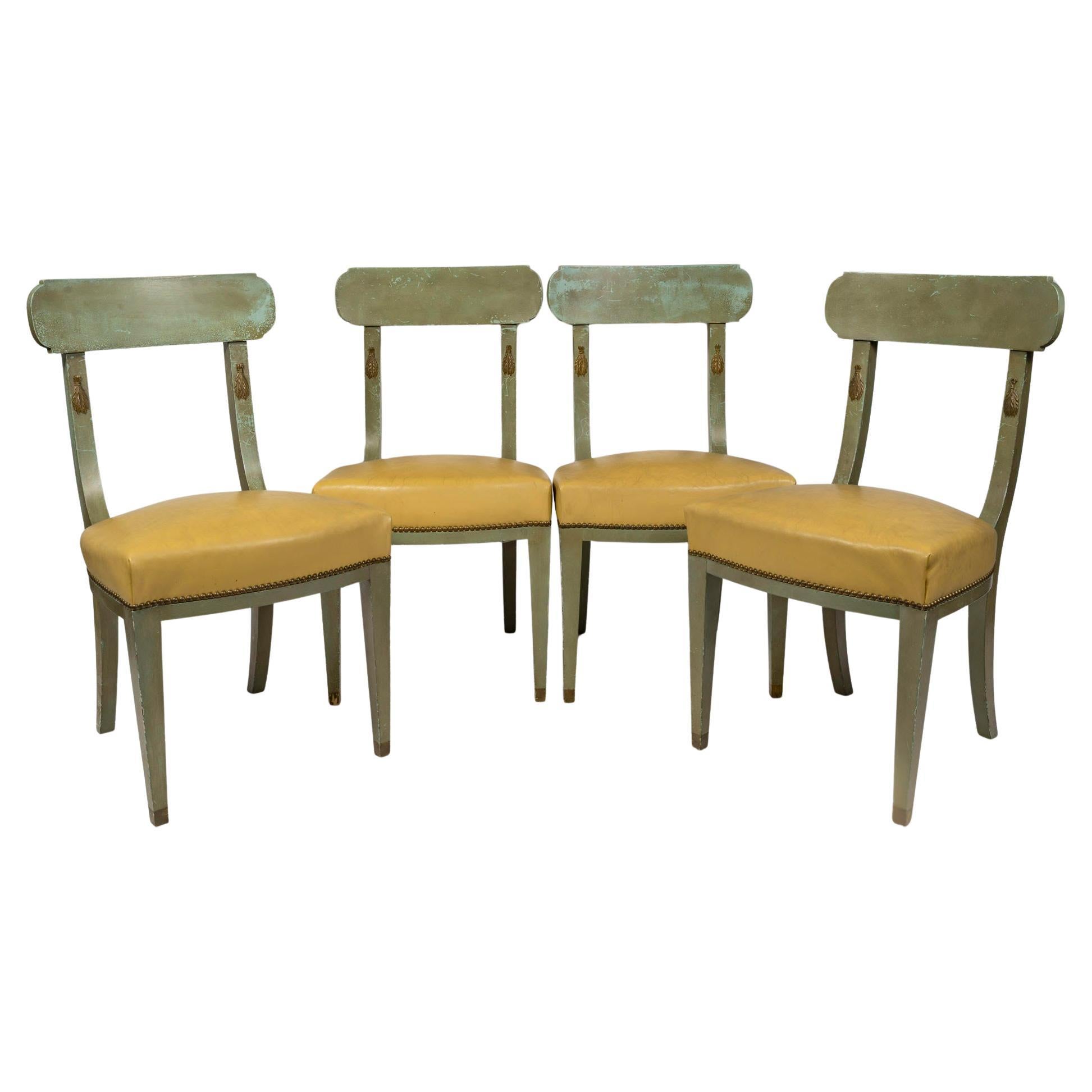 Suite of 4 Chairs in Painted and Gilded Wood, Leather Seat, Regency Style.