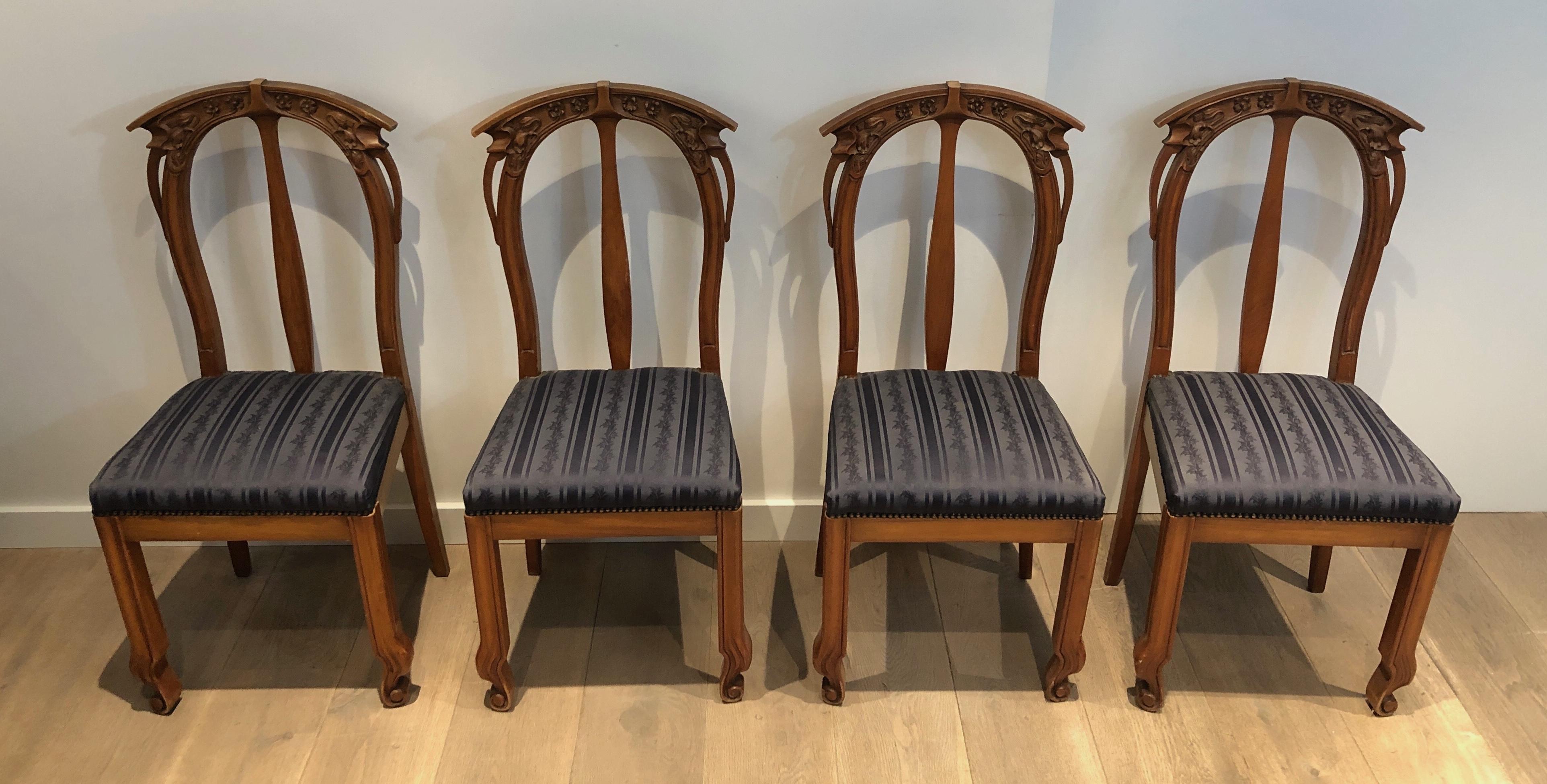 Suite of 4 Cherry Wood Chairs Decorated with Flowers and Plants. For Sale 6
