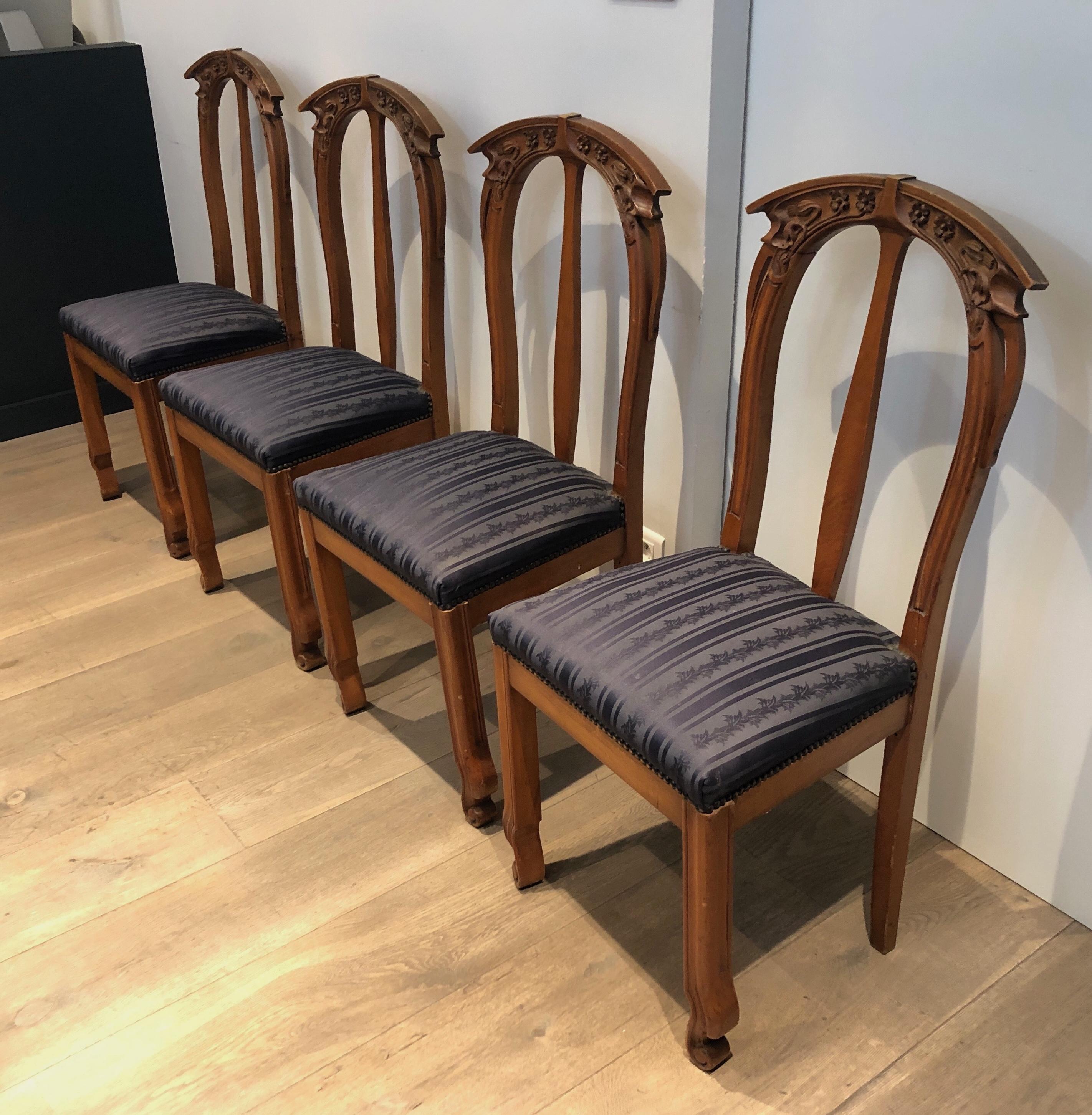 Suite of 4 Cherry Wood Chairs Decorated with Flowers and Plants. For Sale 13