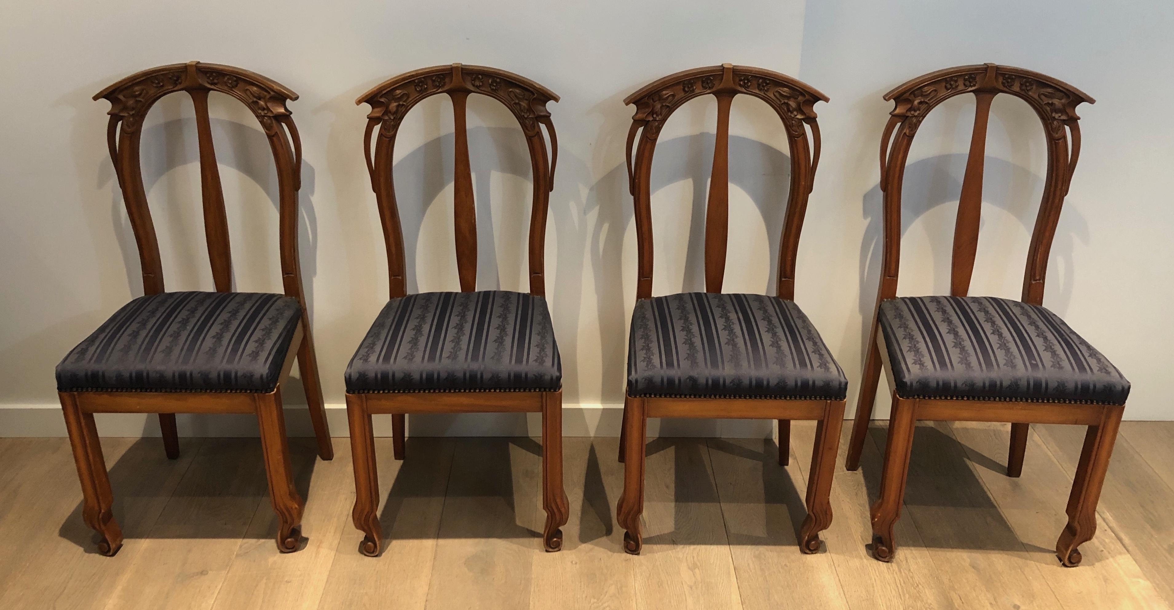 Suite of 4 Cherry Wood Chairs Decorated with Flowers and Plants. For Sale 14