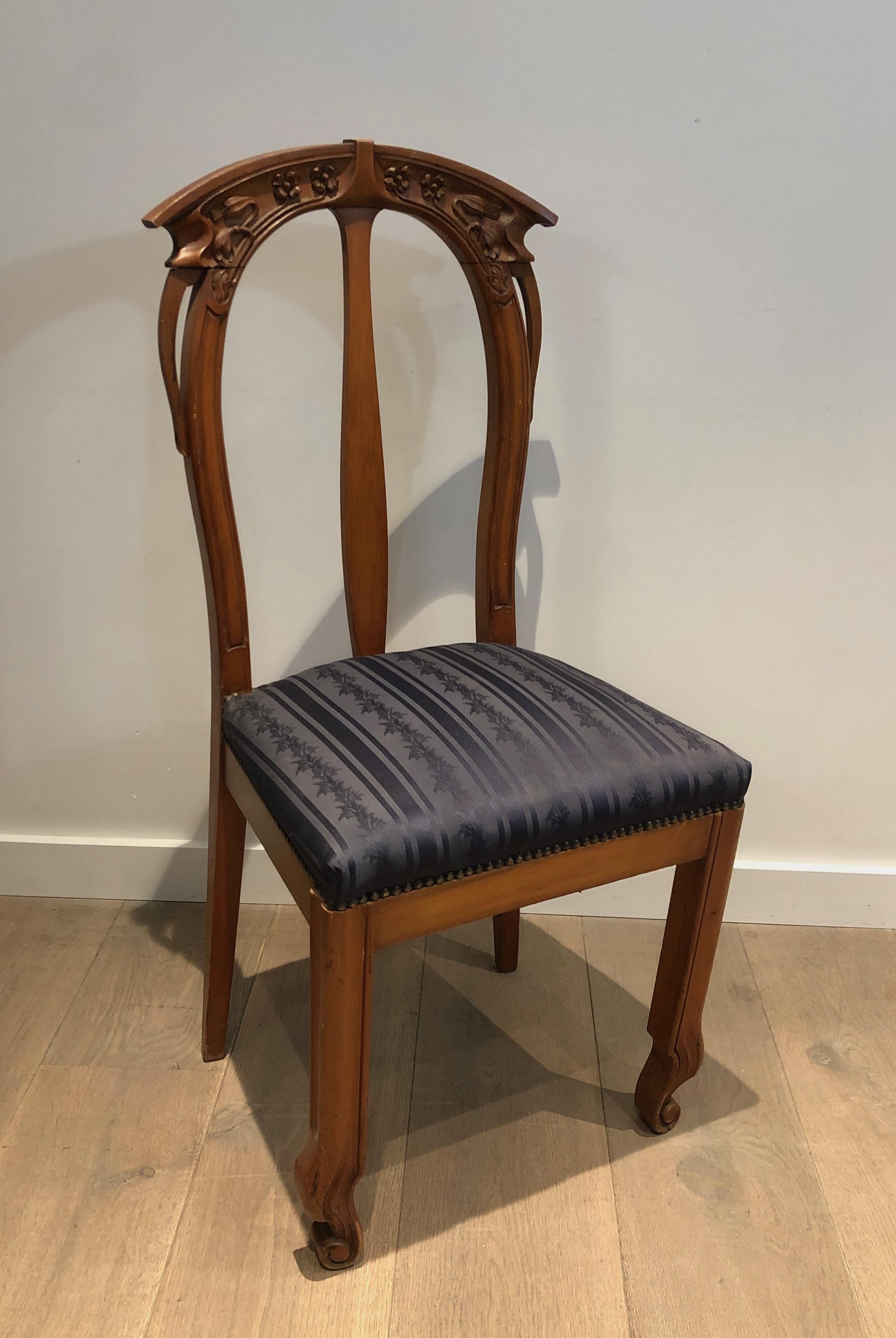 Art Nouveau Suite of 4 Cherry Wood Chairs Decorated with Flowers and Plants. For Sale